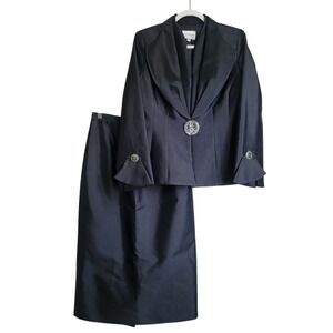 Lily & Taylor Black Silk Wool 2 Piece Set Businesswear Suit Blazer & Skirt Sz 8